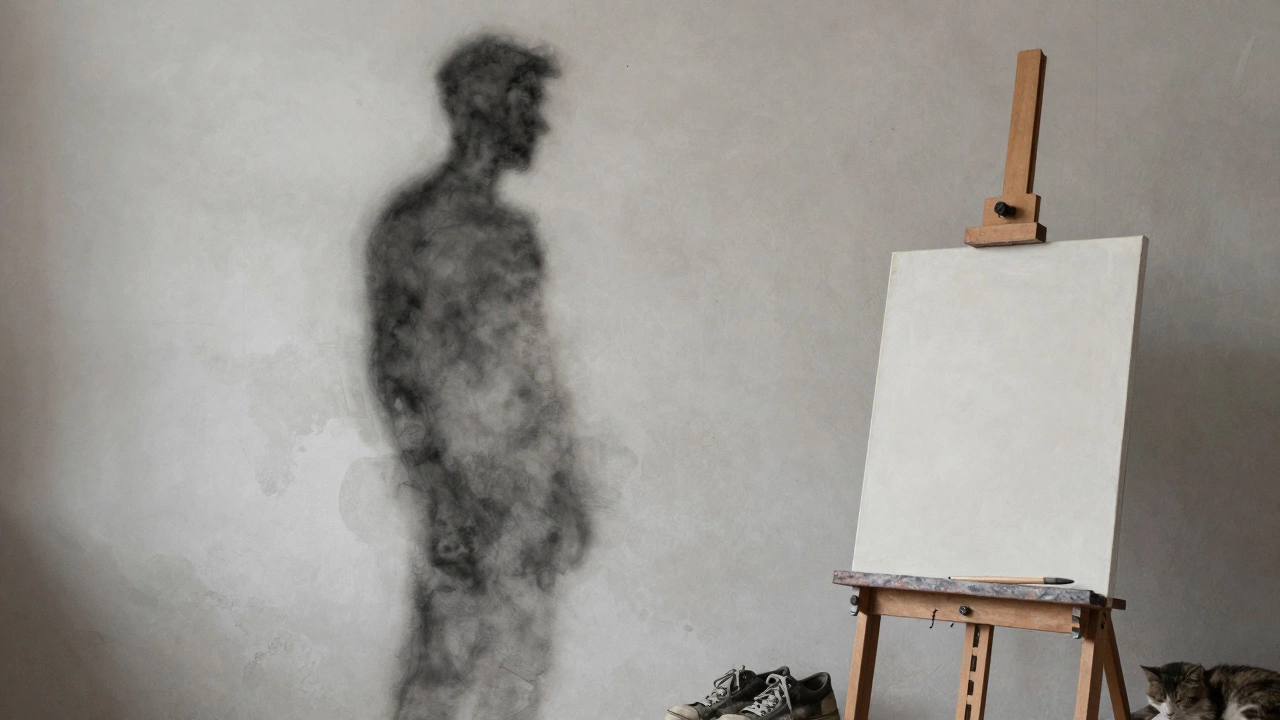 A painted shadow on a studio wall, with an easel and brush nearby, conveying quiet emotion without showing faces.