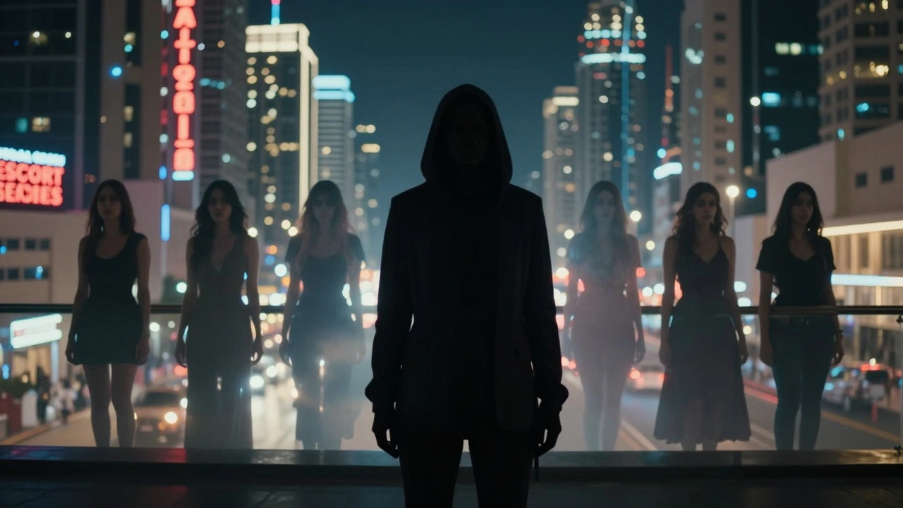 A solitary figure at the edge of a neon-lit city, surrounded by invisible women in distress.