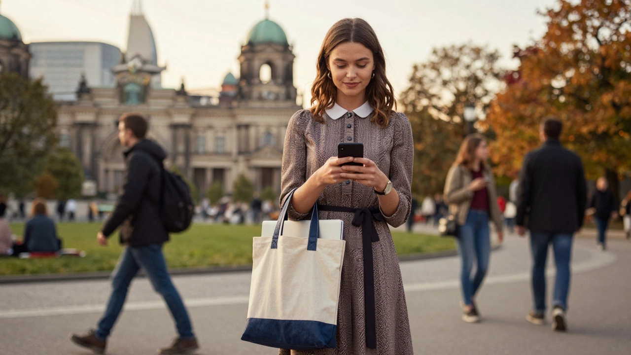 A woman in a vintage dress stands in a Berlin park, natural and confident, golden light filtering through trees.