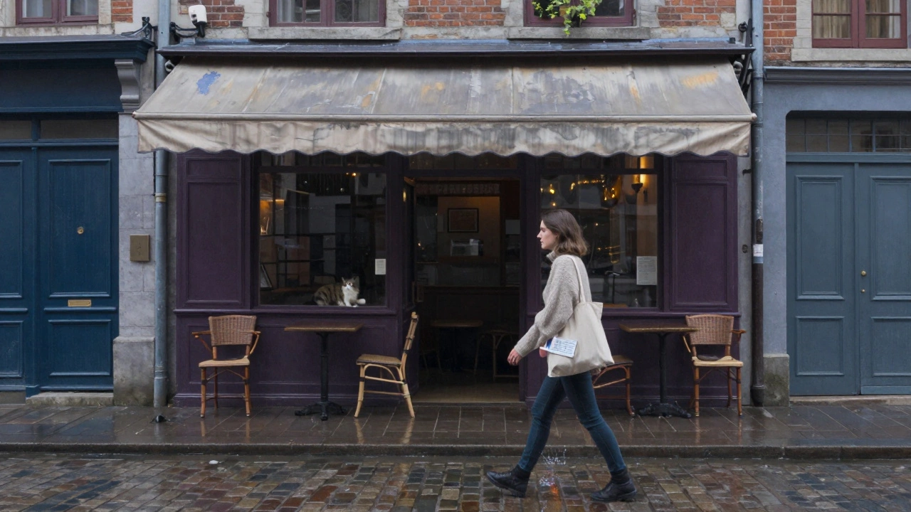 A woman walking through Lille&#039;s cobblestone streets at dawn, her reflection visible in wet pavement under soft morning light.